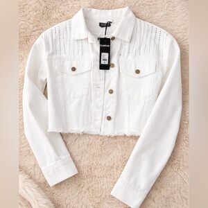 bebe White Cropped Denim Jacket with Stud Embellishment